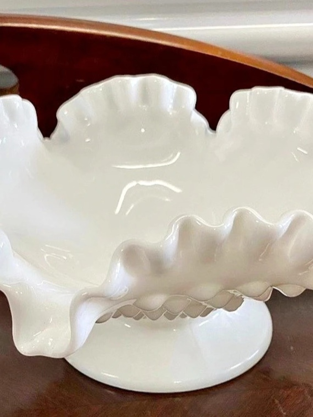 Vintage Hobnail Milk Glass Footed Compote Ruffled Bowl